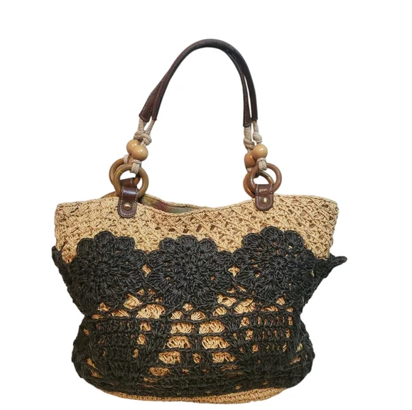 Fossil Straw Crochet Tote Bag Boho Black Floral Leather Handle Summer Purse - Picture 3 of 10